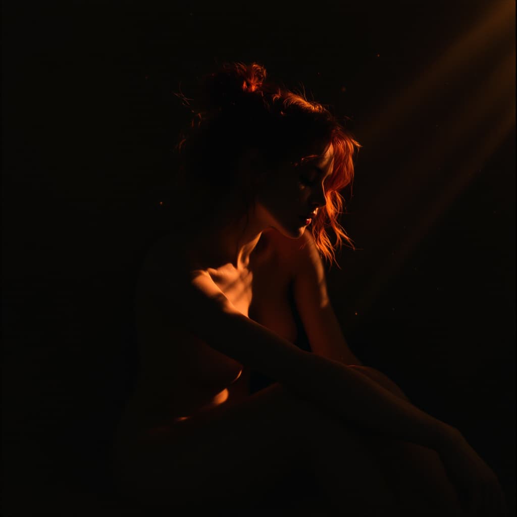 AI generated: A stunning nude portrait, created in dramatic chiaroscuro, where shadows reveal form as much as ligh...