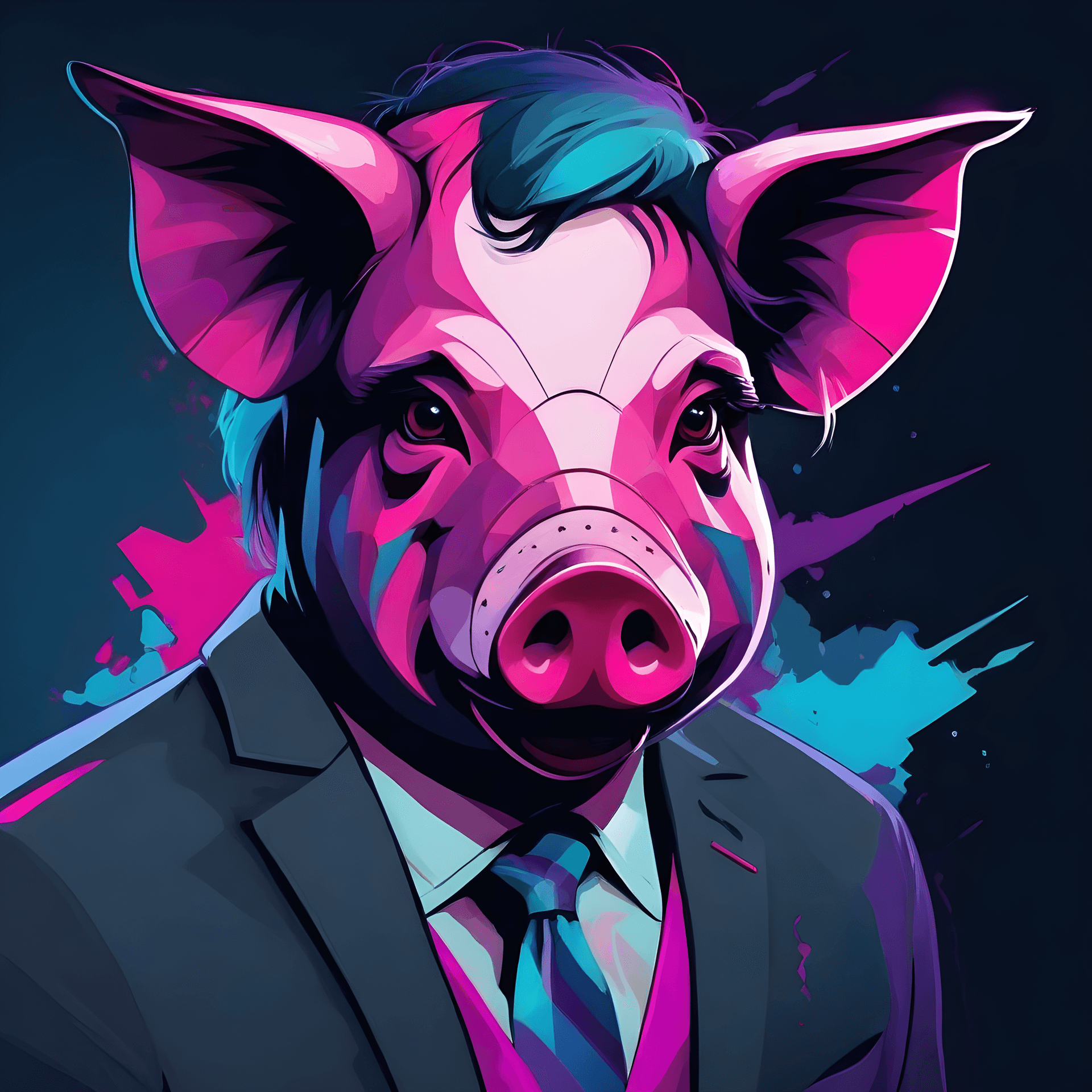 AI generated: The pig, Vector Illustration, Digital, Contemporary, Vivid Colors (Purples, Pinks, Blues, Black).
