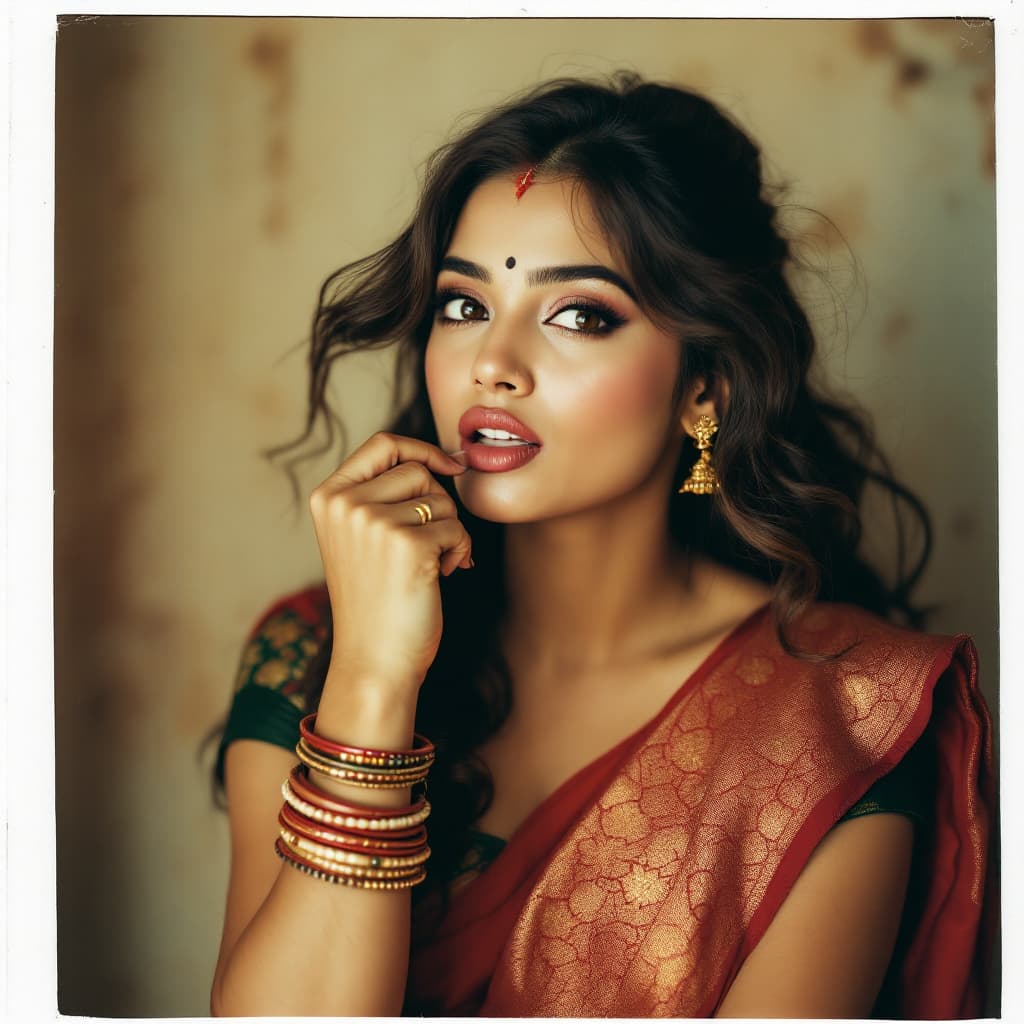 AI generated: Samantha ruth, biting her lip, 18-21 years old, brown hair, Indian hair style, saree, trying to remo...
