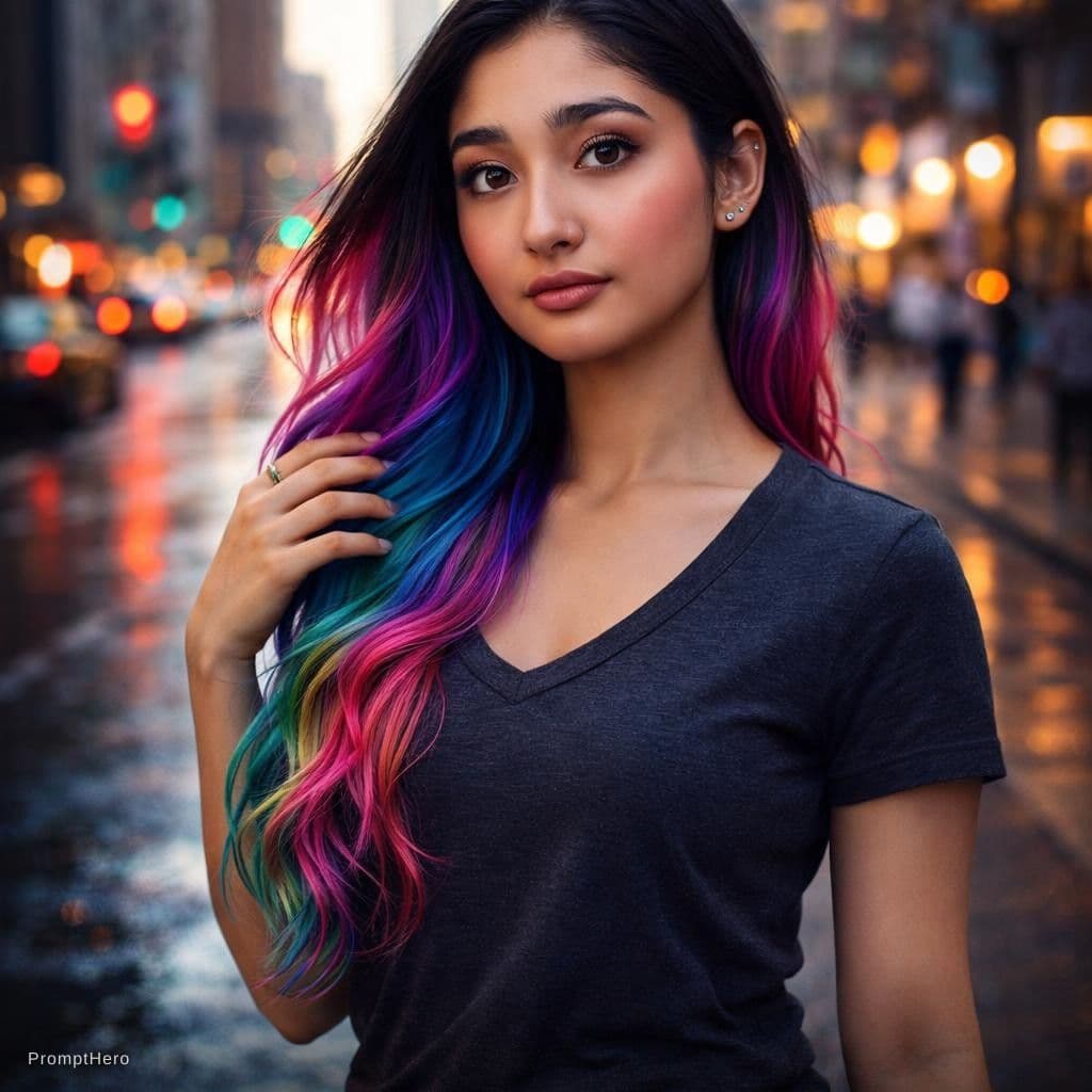 AI generated: A realistic photograph of a stunning girl with [colorful hair] with [dark roots], a [small nose], hi...