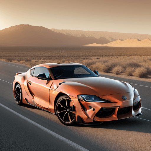 AI generated: Generate a stable diffusion image featuring a Toyota Supra parked on a desert road, with a long stre...