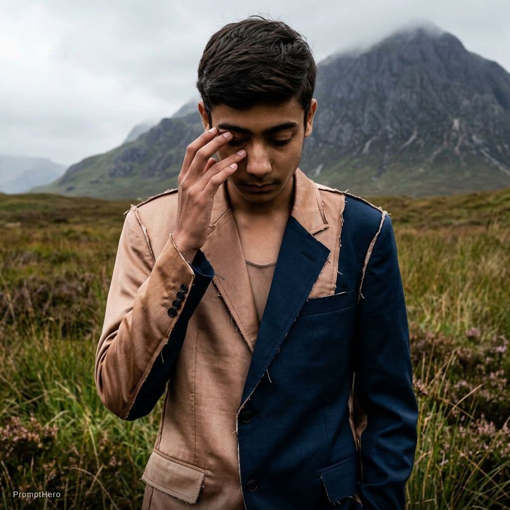 AI generated: a man stands with his head down in some tall grass, in the style of fashion photography, scottish la...