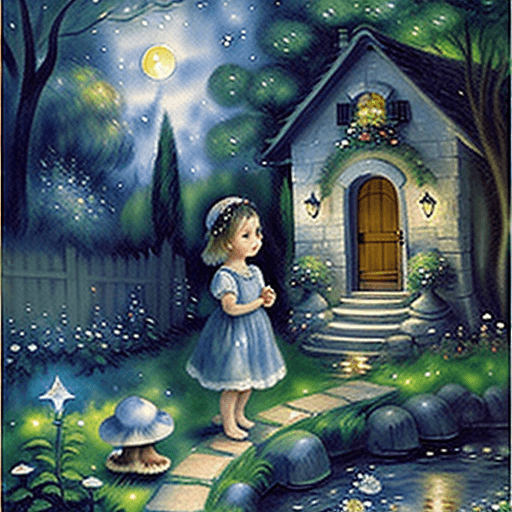 AI generated: a rose garden with a little stone cottage with a pathway leading to a stream. A little cherub girl h...