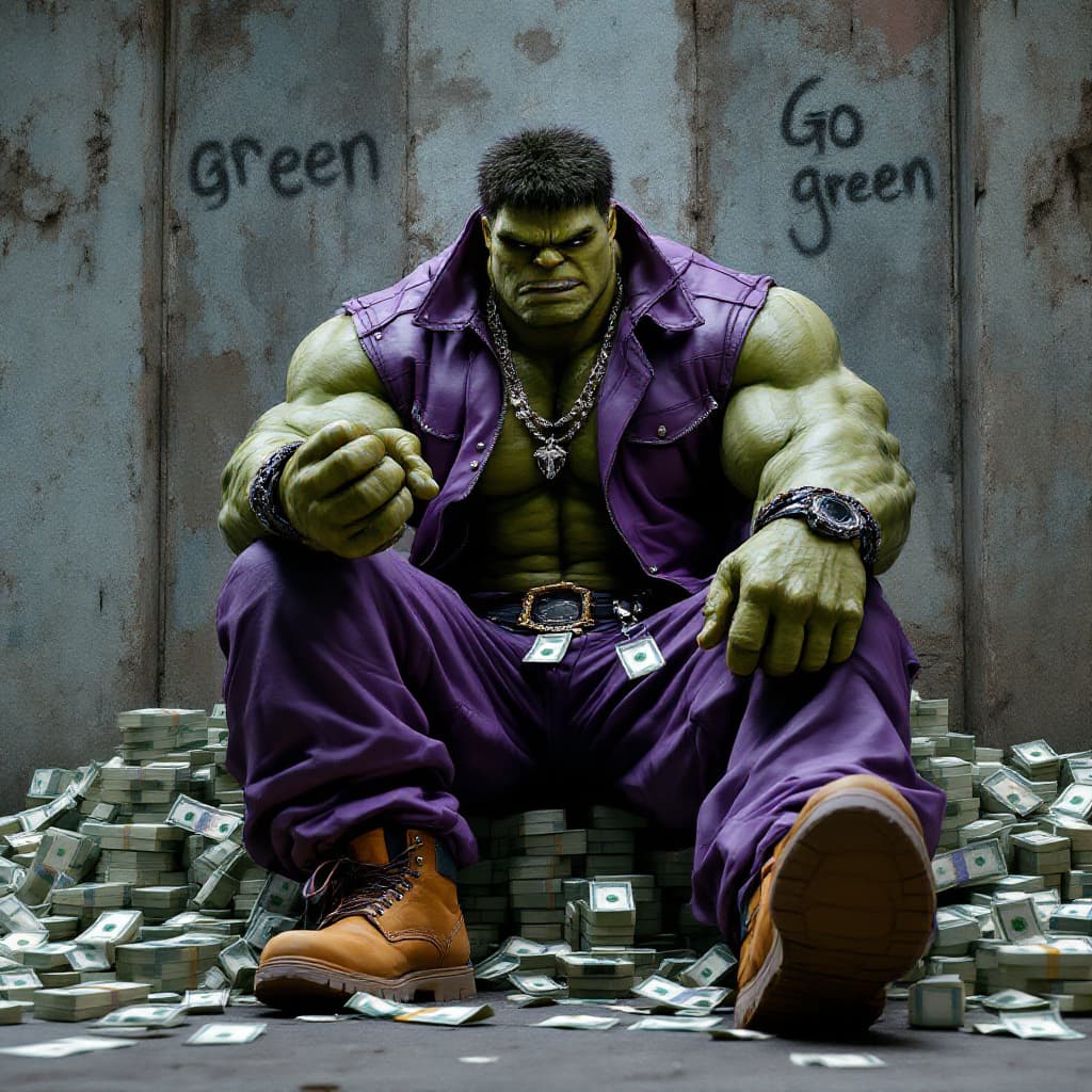 AI generated: The incredible hulk in hip hop gear, purple leather jacket, baggy pants and timberland boots sitting...
