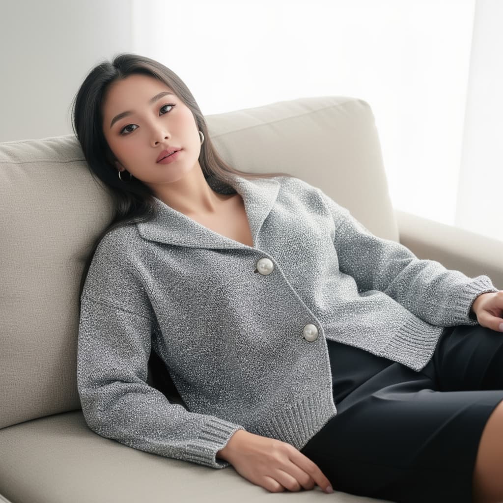 AI generated: A photorealistic gravure-style portrait of a beautiful young Asian woman reclining on a beige sofa. ...