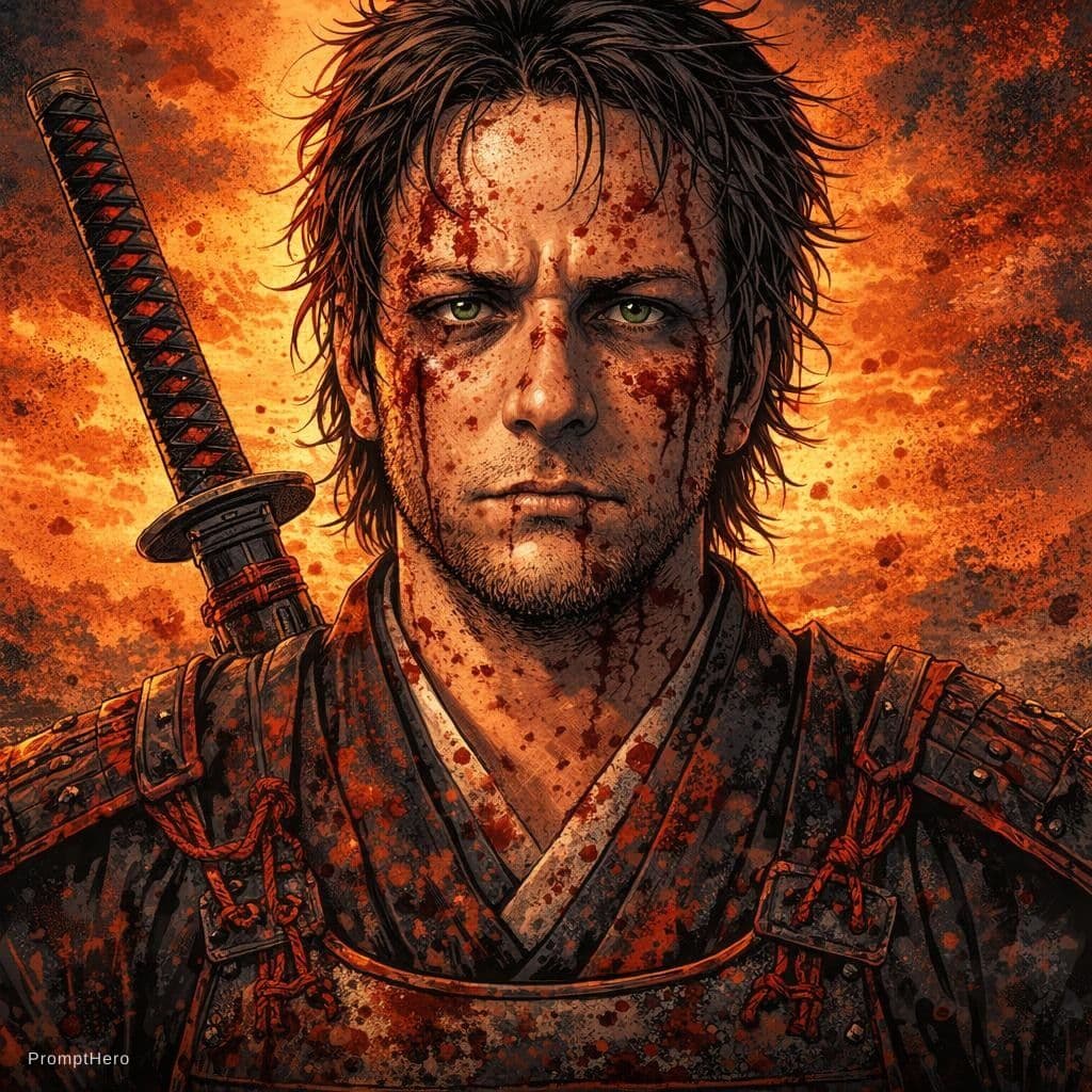 AI generated: A portrait of a samurai, Miyamoto Musashi, short messy hair, visible battle scars, blood splatter, e...
