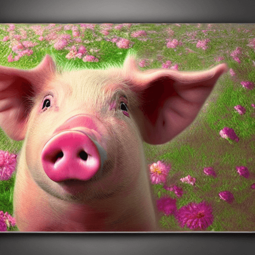 AI generated: a photorealistic portrait of a pig , surrounded by Pink Heaven, beautiful photography, floral border...