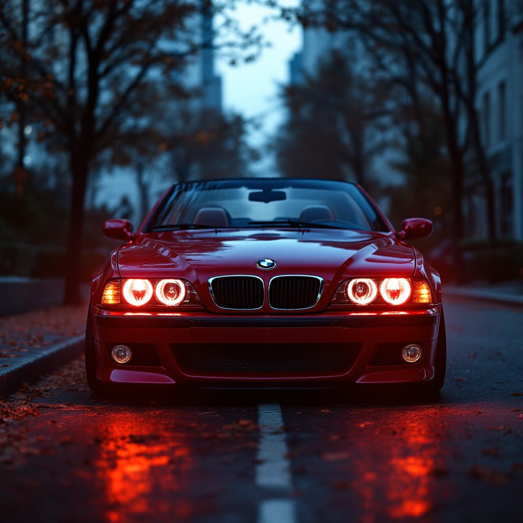 AI generated: dark red bmw e39 M5 convertible, lit angel eyes, cinematic, hyper realism, high detail, 8k, dark eve...