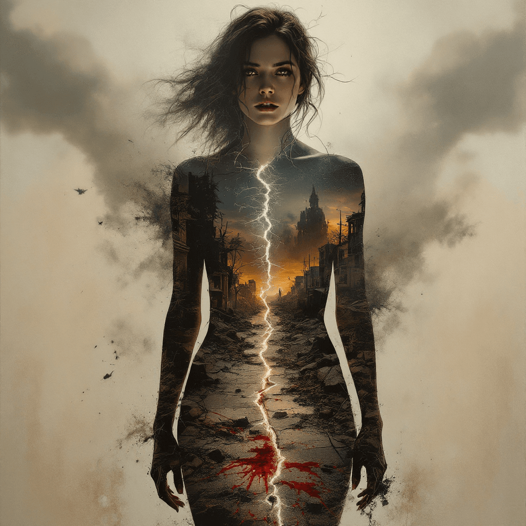 AI generated: An award-winning double exposure oil painting inspired by Richard Laymon’s Earthquake, capturing the...