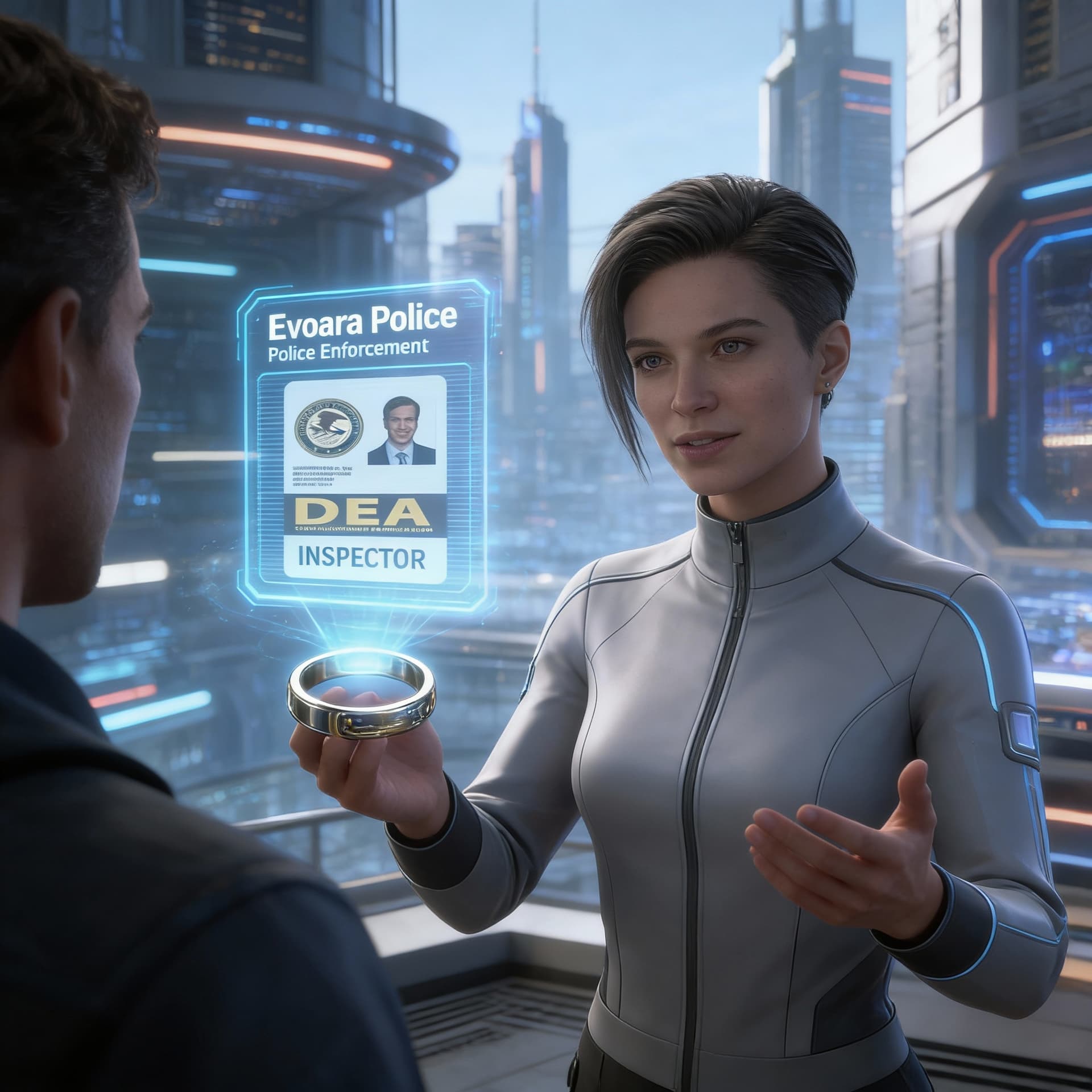 AI generated: Create an image of a Police Enforcement 	Inspector (a Detective) interviewing a witness in a futuris...