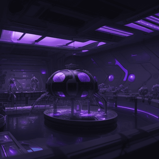 AI generated: A space laboratory with unnatural creatures and a river with black water and purple light and severa...