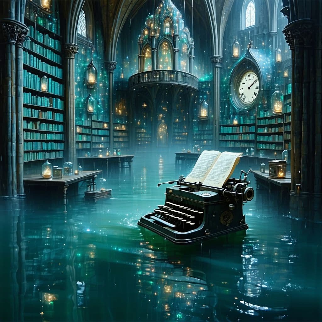 AI generated: A decaying cathedral made of neural pathways floats in a sea of static. Shelves hold glowing thought...