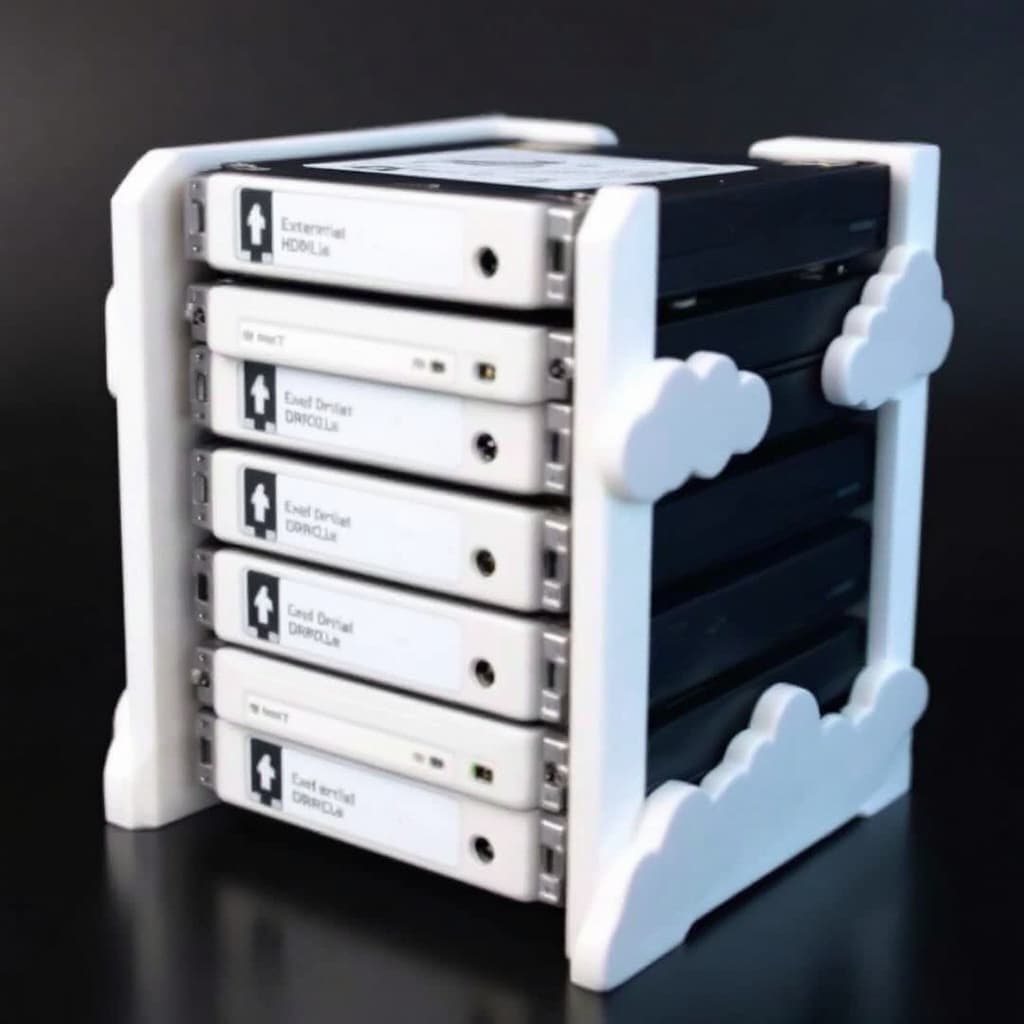 AI generated: A 3d printed Hard drive rack for external HDDs, white with cloud shapes on the sides. 5 Hard drives ...