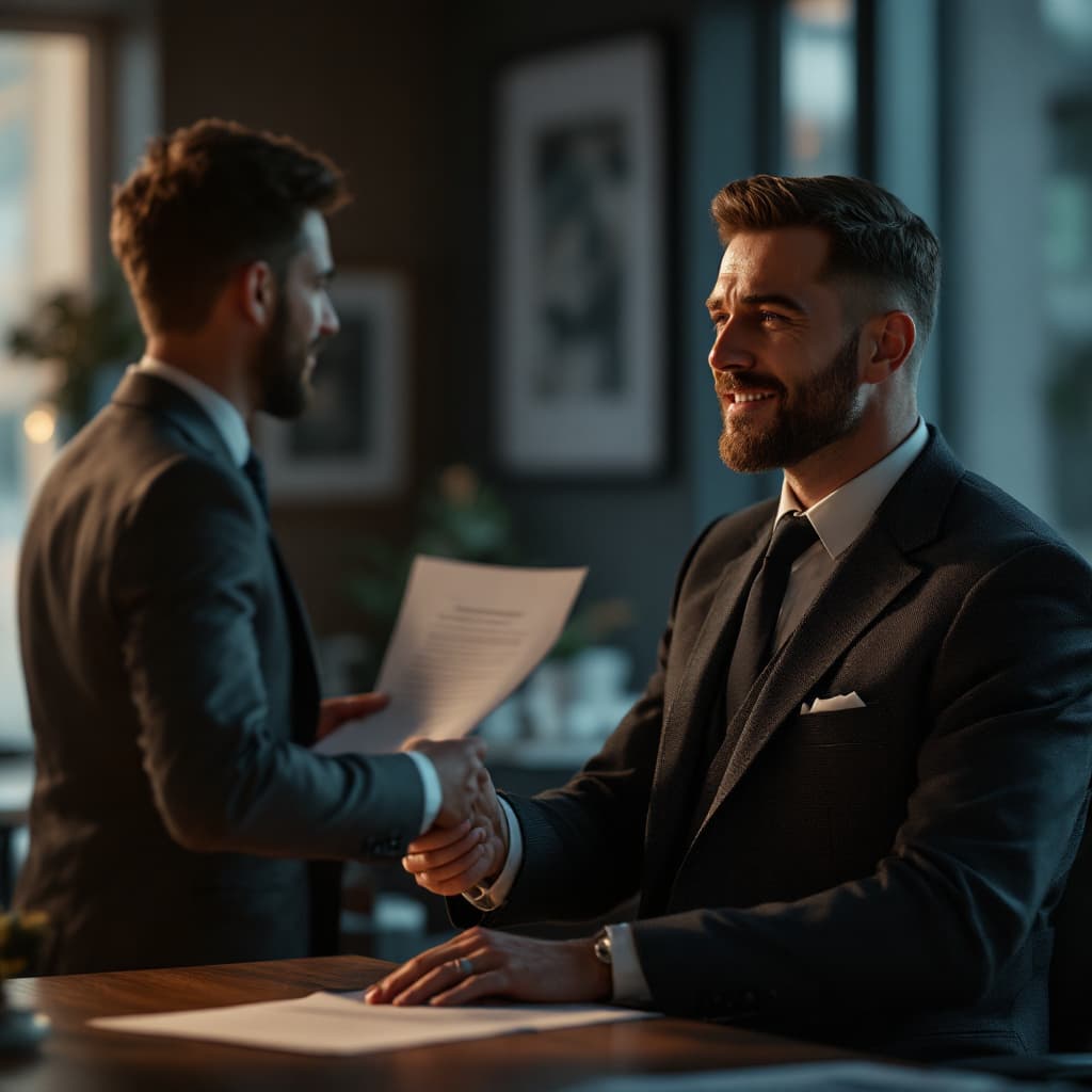 AI generated: scene in which a friendly but self-absorbed employer hands over a contract to an employee, in the ba...