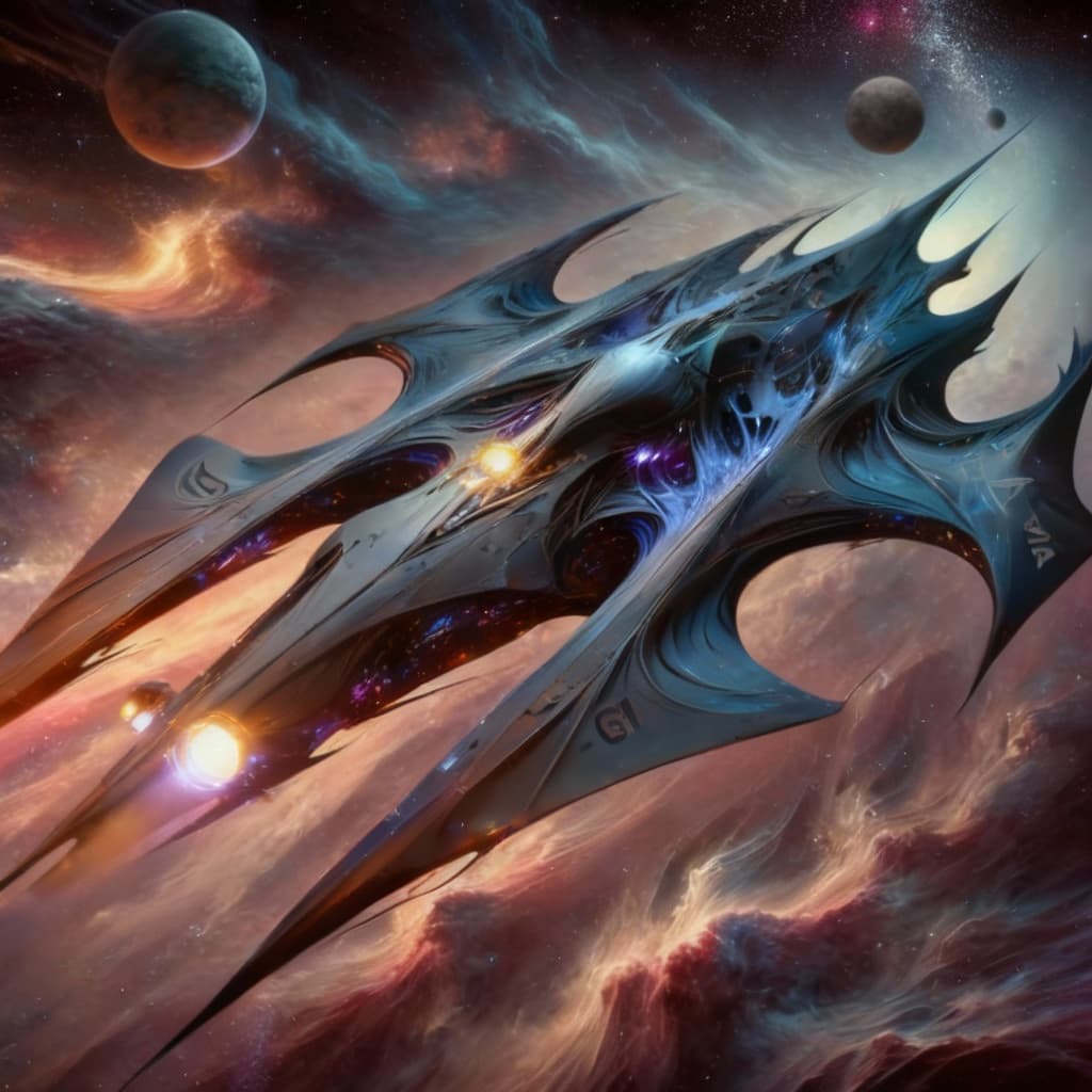 AI generated: Reimagine, in detail, the alien spaceship to show a new design. Reposition and add or change paint c...