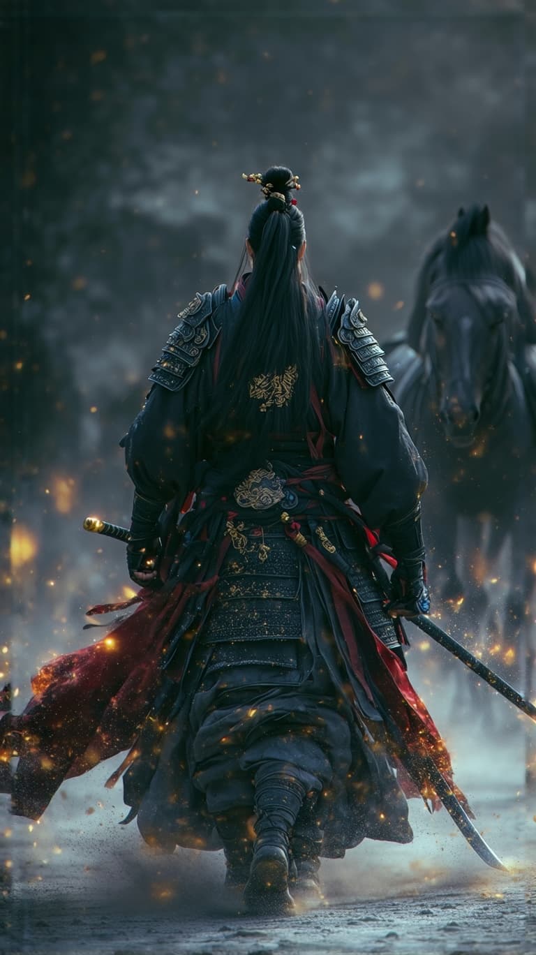 AI generated: An ultra-realistic, zoomed out full-body portrait of a regal young Japanese samurai with long black ...
