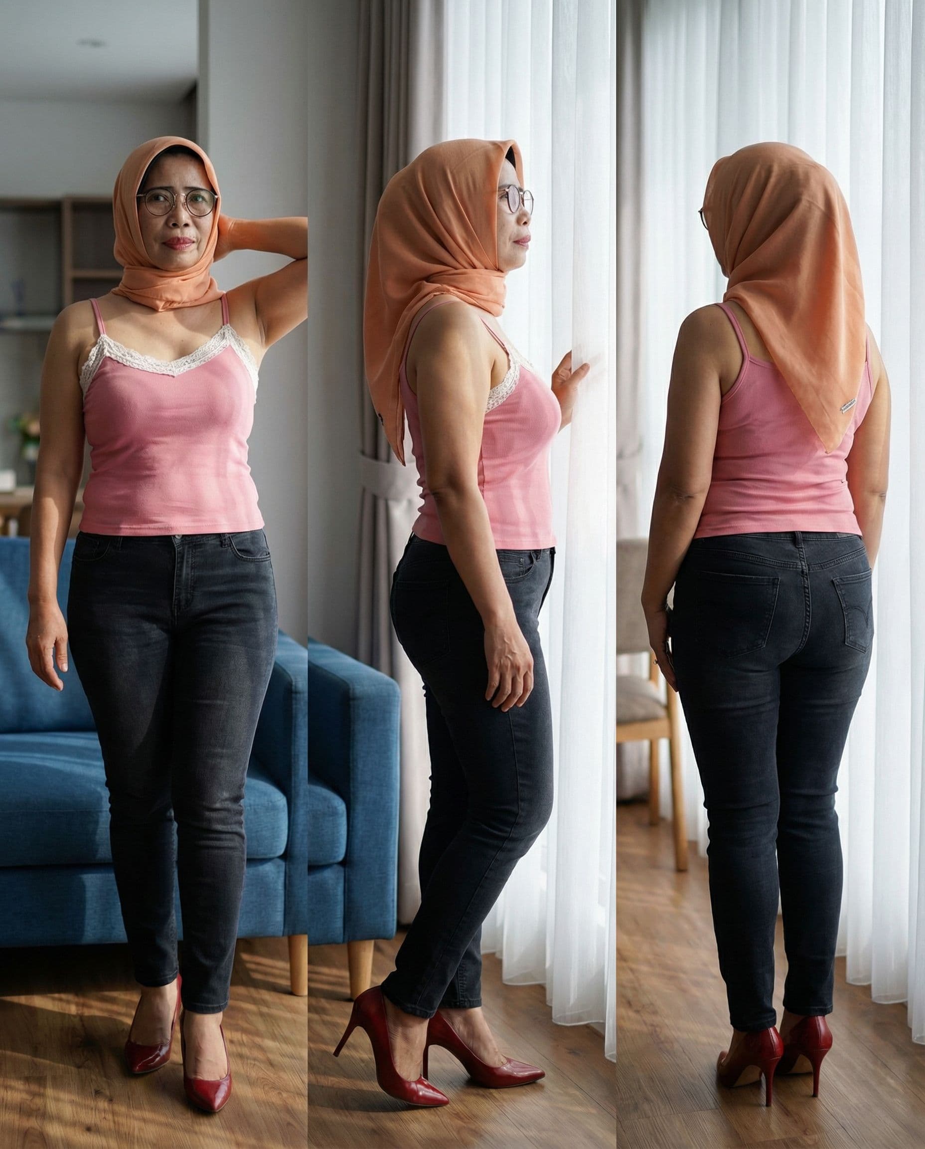 AI generated: Make this photo full body, without changing the face, curvy body shape, big sagging breasts, wearing...