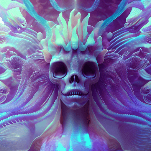AI generated: Goddess close-up portrait ribcagel. jellyfish phoenix head, nautilus, orchid, skull, betta fish, bio...