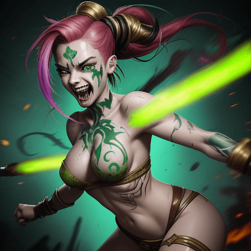 AI generated: painterly style, seductive female League of legends Jinx character fighting at war, raging, crazy sm...