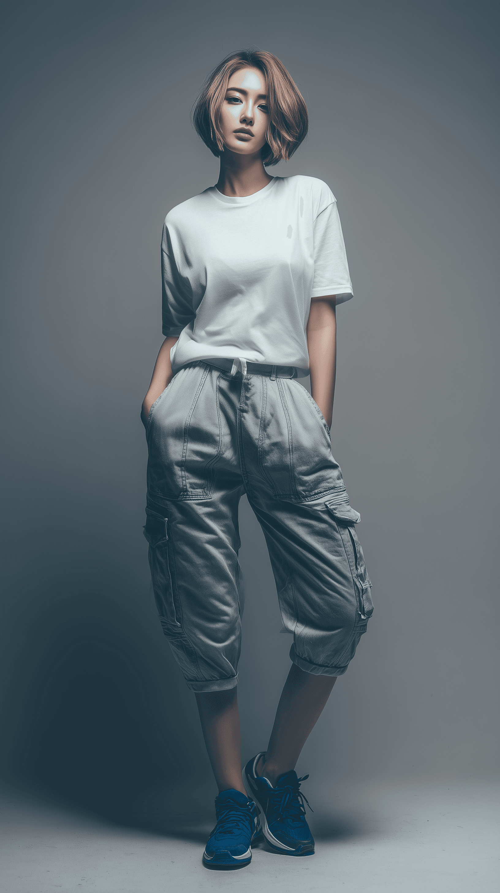AI generated: photography, female model, relaxed pose, bob cut hair, over-fit white t-shirt, washed denim cargo ca...