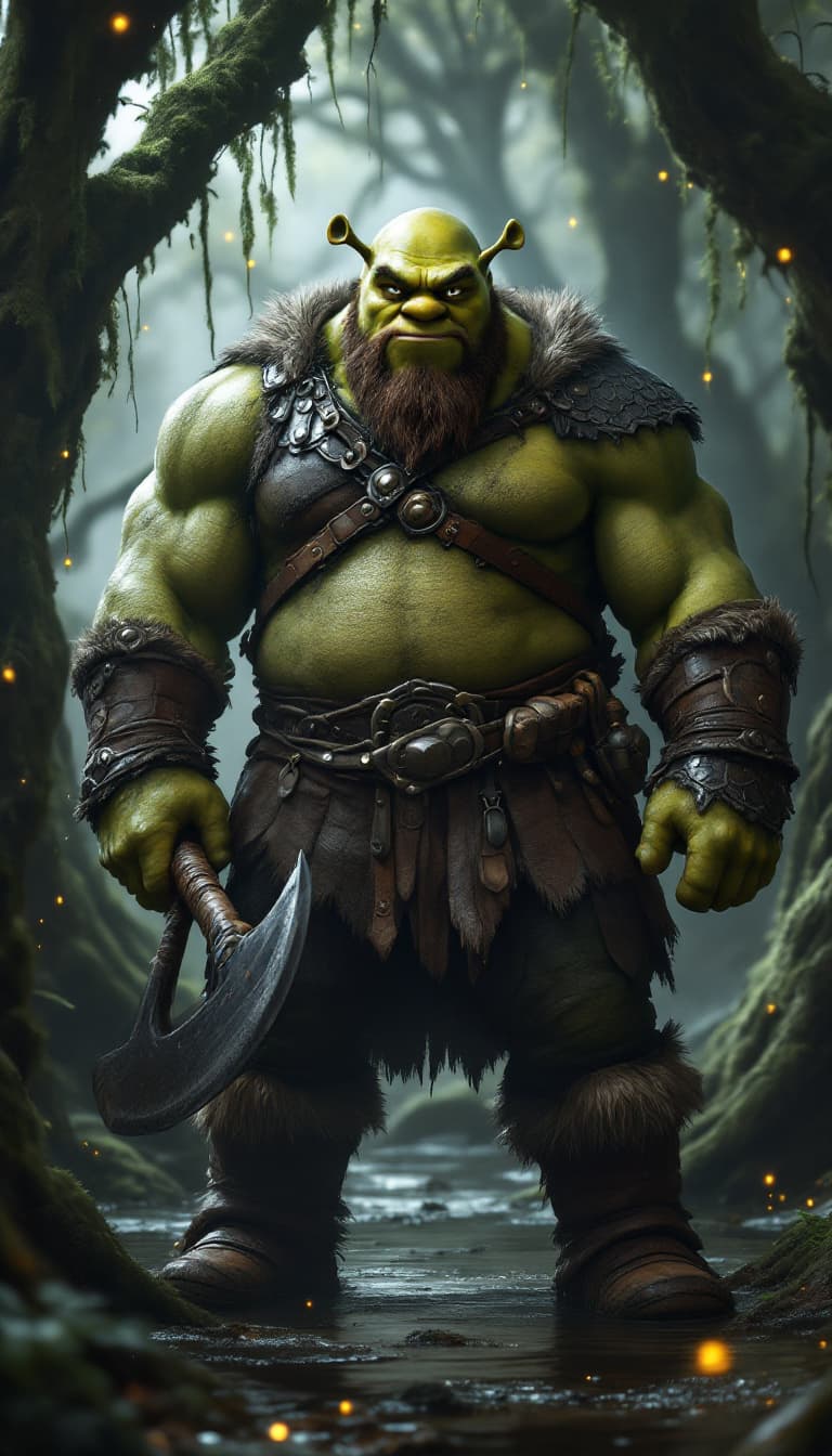 AI generated: A hyper-realistic portrait of a massive, muscular man inspired by Shrek; broad shoulders, strong jaw...