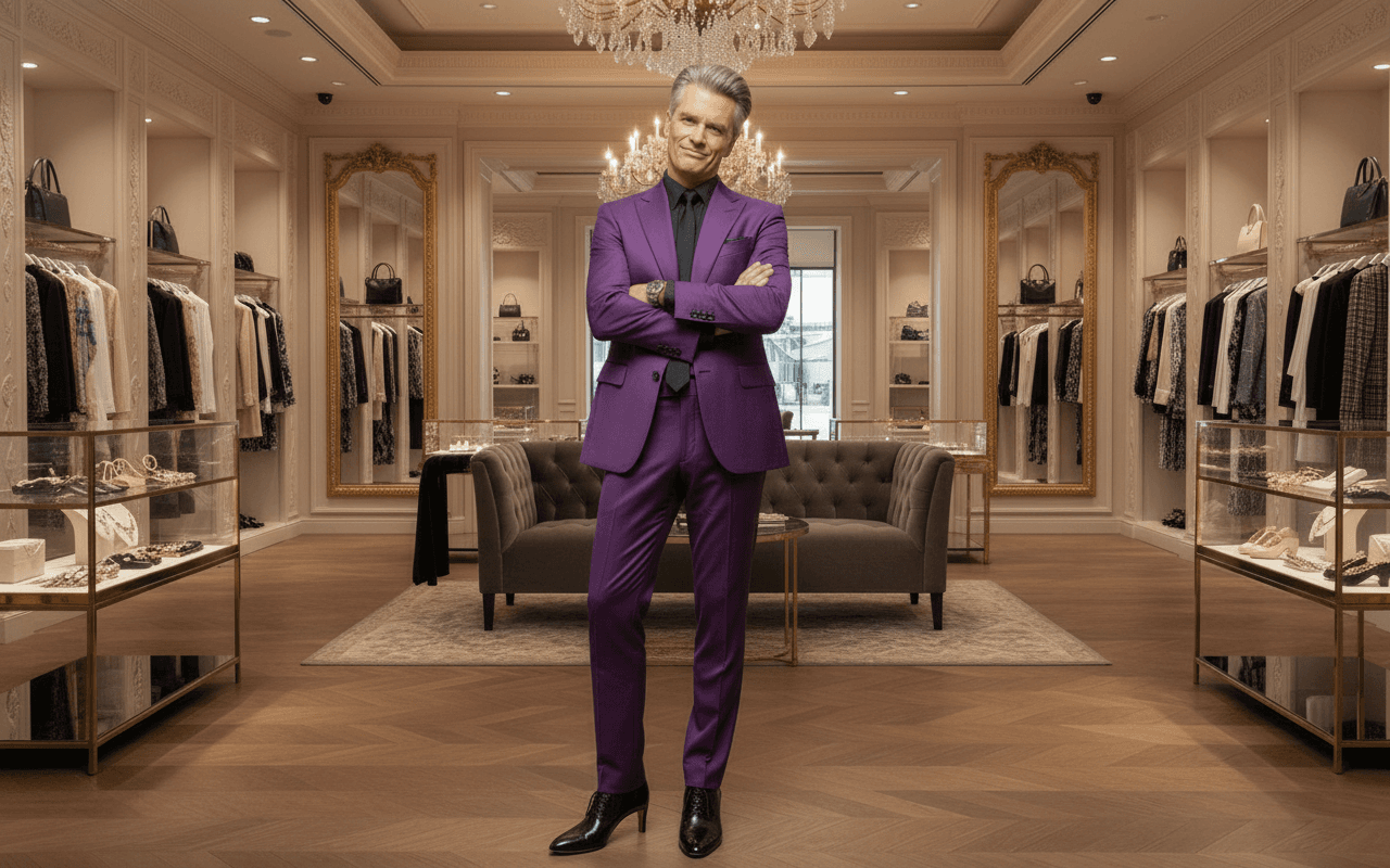 AI generated: At a very luxurious clothing store. 

The model has his arms crossed, standing. He is facing front...