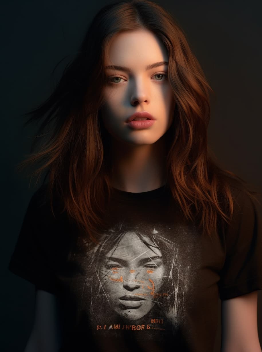 AI generated: a close up of a person wearing a t - shirt, a portrait, neoism, 18 years old girl, photo from a prom...