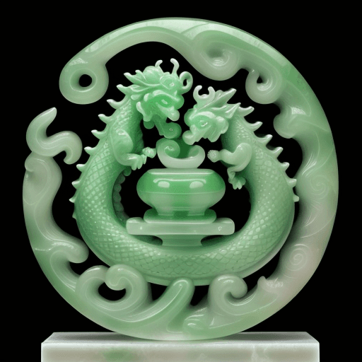 AI generated: beautifully carved jade heavenly Chinese dragon, wise face, hand carved nephrite jade, museum photo,...