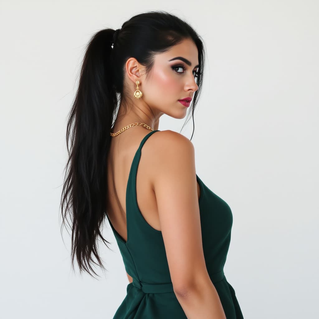 AI generated: a woman stands with her back turned to the viewer, her long dark hair cascades over her shoulders. S...