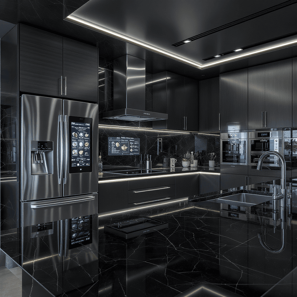 AI generated: futuristic high-tech kitchen interior, glossy surfaces, built-in lighting, metallic textures, modern...