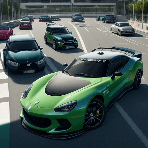 AI generated: estacionamiento (grande) vehicular en una universidad de (colores verdes), carros (modernos), poster...