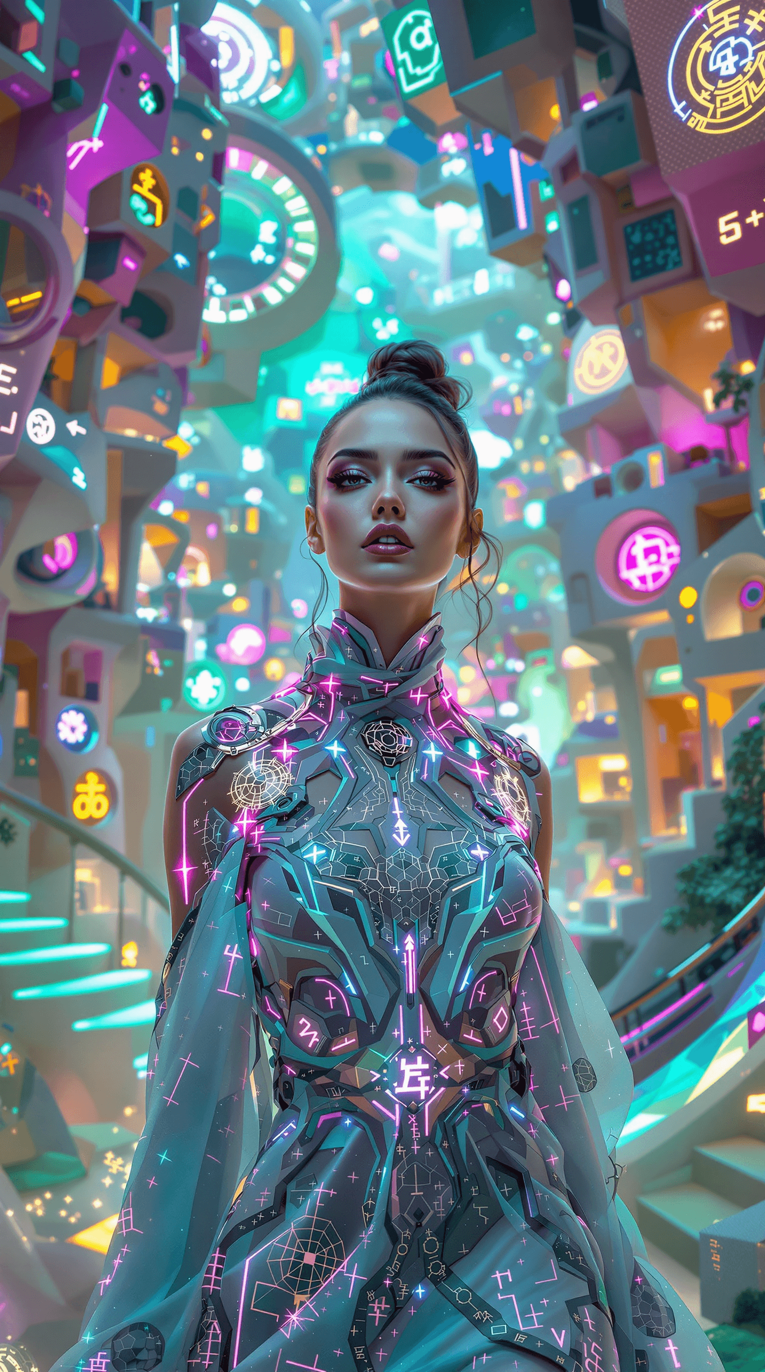 AI generated: a stunning woman stands elegantly in a whimsical, dreamlike environment, her intricate outfit adorne...