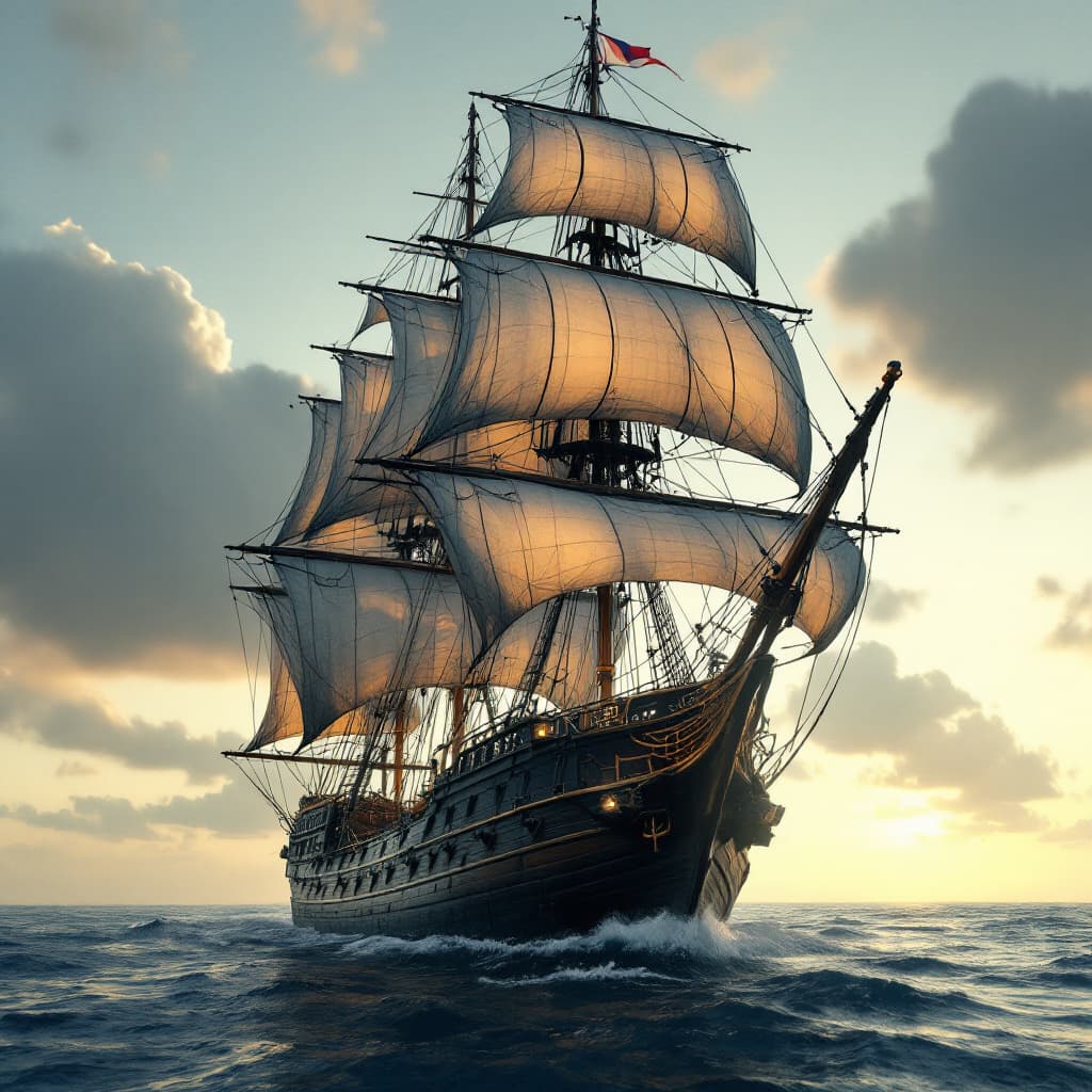 AI generated: Photo of a ultra realistic sailing ship, dramatic light, pale sunrise, cinematic lighting, battered,...