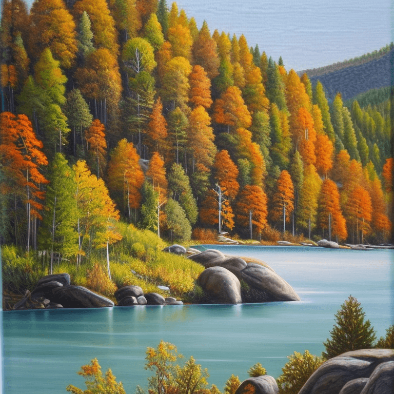 AI generated: photorealistic oil on canvas, 
trees, river, hill,
beautiful setting, fall,
Foreground,
unreal engin...