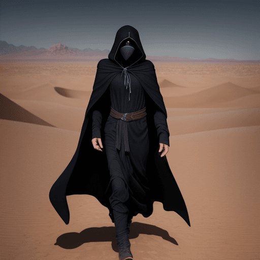 AI generated: Mysterious figure in striking cloak walking through the desert
