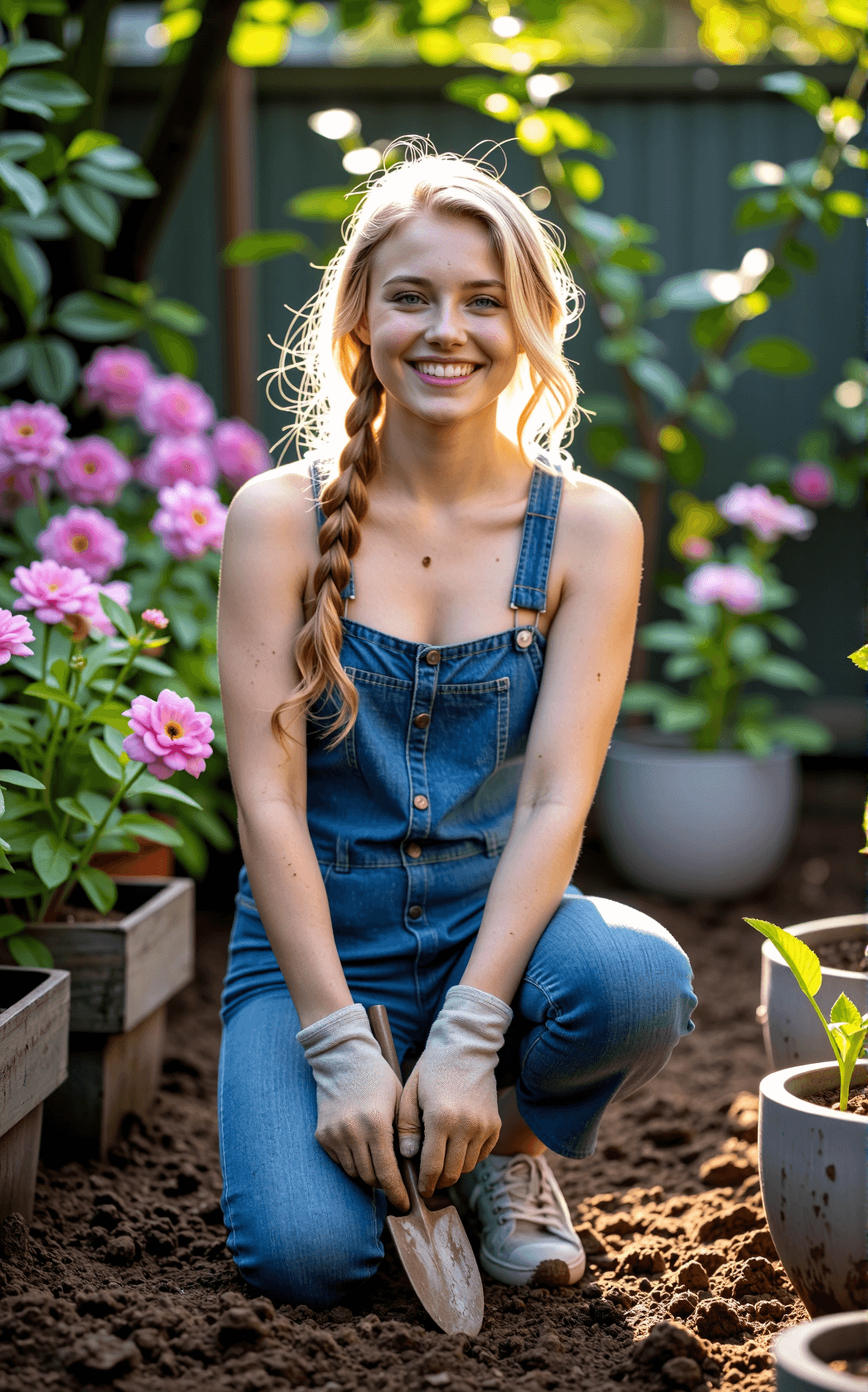 AI generated: A petite, slender blonde young woman with long, sun-kissed wavy hair pulled into a loose side braid ...