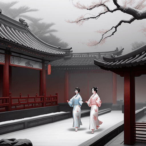 AI generated: Two women walking in a Chinese garden, wearing Hanfu and flowing robes, in the style of Chinese ink ...