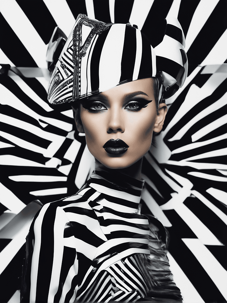 AI generated: a beautiful blue-eyes female pop artist, all black and white stripes, sleek futuristic outfit, headp...