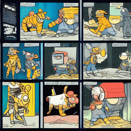 AI generated: comic book strips, storyboard cartoon comic book, color, storyboard comic, storyboard a boy wearing ...