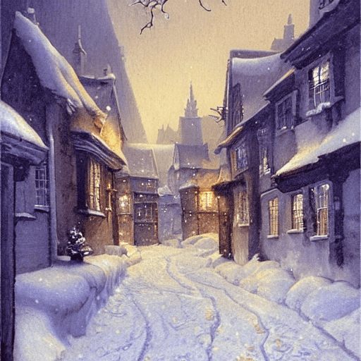 AI generated: a night scene of a snowy street, a detailed painting by anton pieck and gil elvgren, deviantart cont...