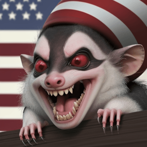 AI generated: an opossum hissing angrily about commies. American flags. Beer. Words to display are "hiss at commie...