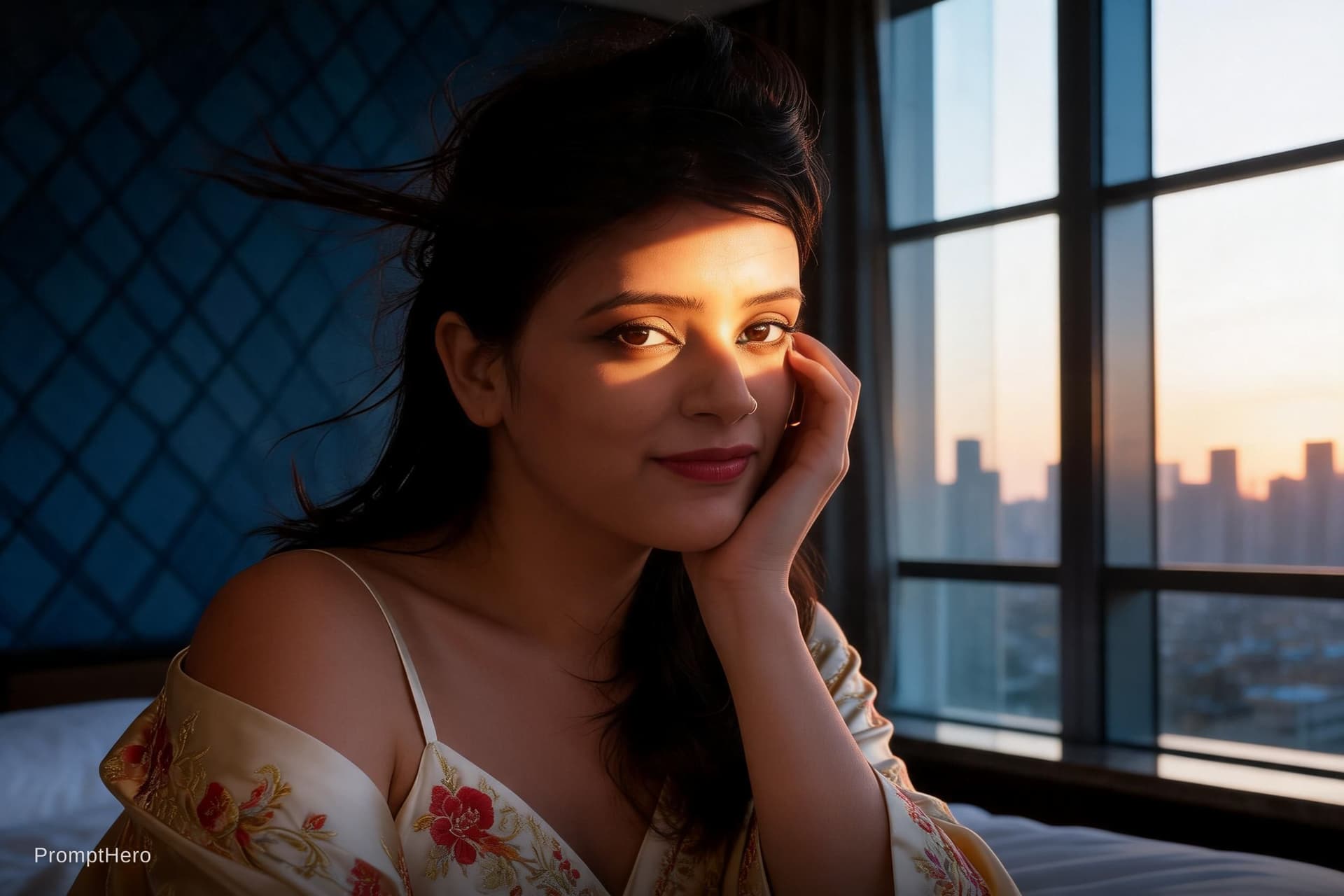 AI generated: A cinematic photorealistic boudoir portrait of a beautiful Asian woman kneeling on a bed. She is wea...