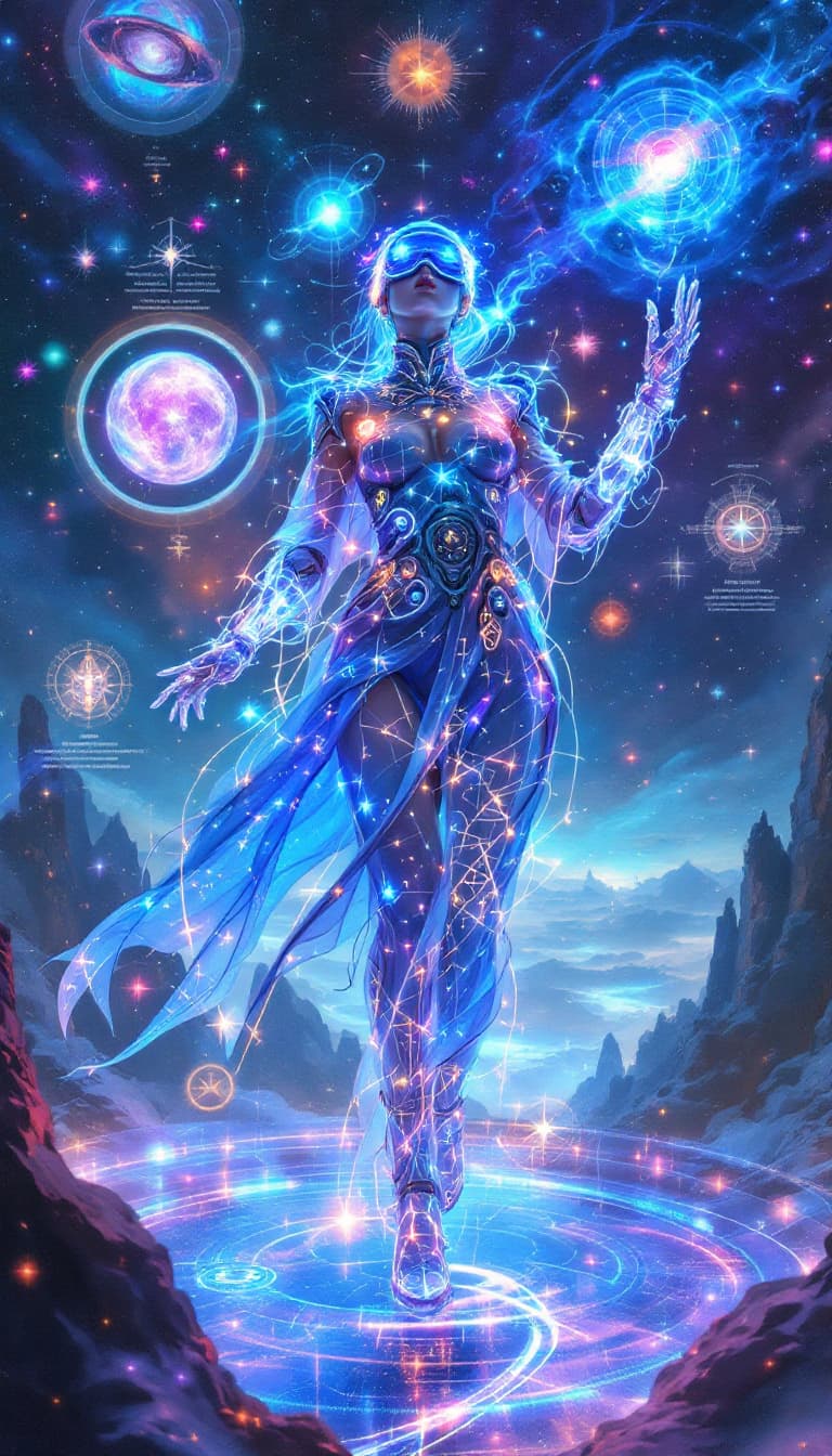 AI generated: Conceptual design: Cybernetic Navigator of Dreams from the Astral Syndicate. This ethereal graffiti-...