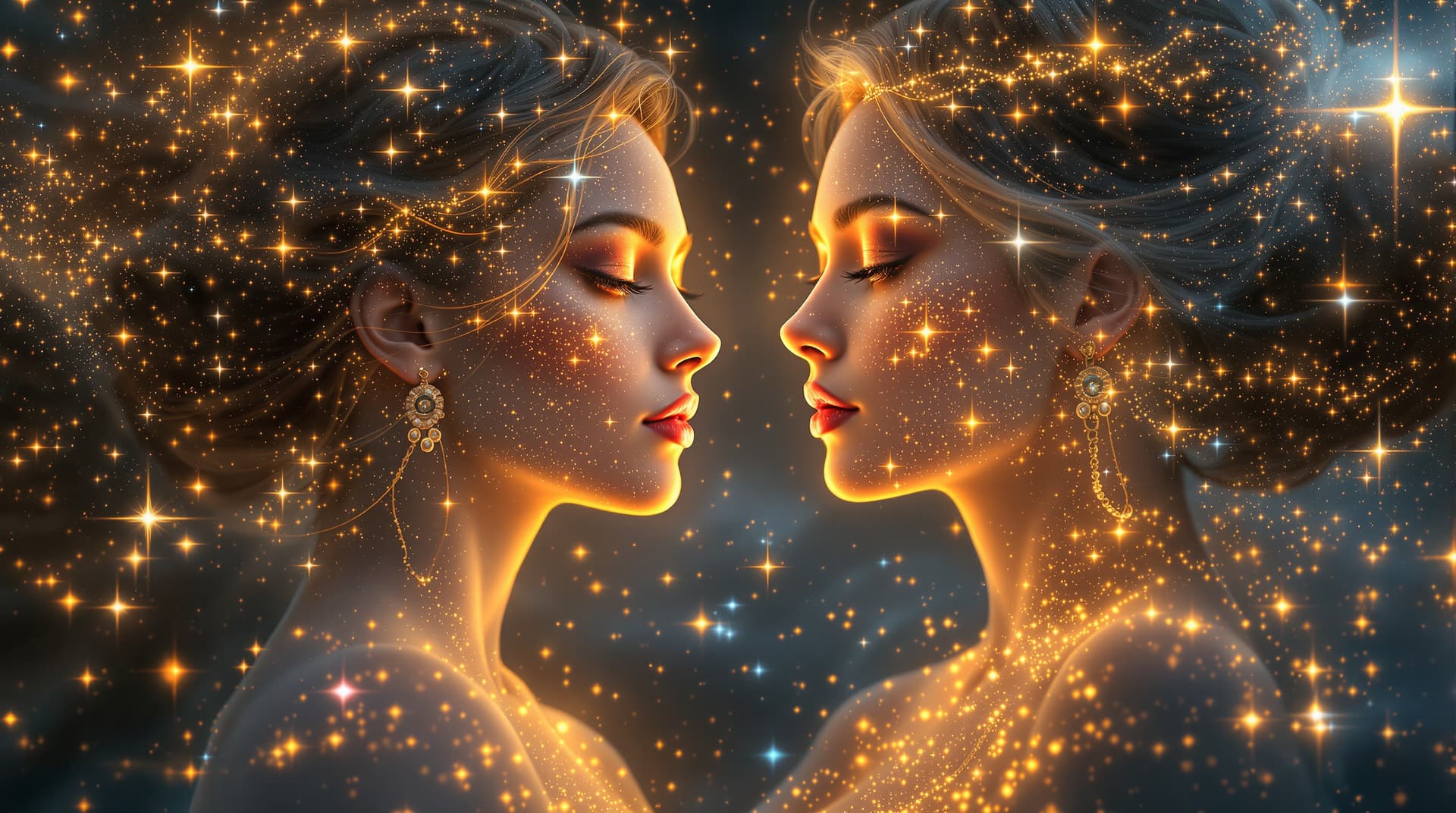 AI generated: An ethereal vision of two captivating hyper realistic female figures, bathed in the celestial glow o...