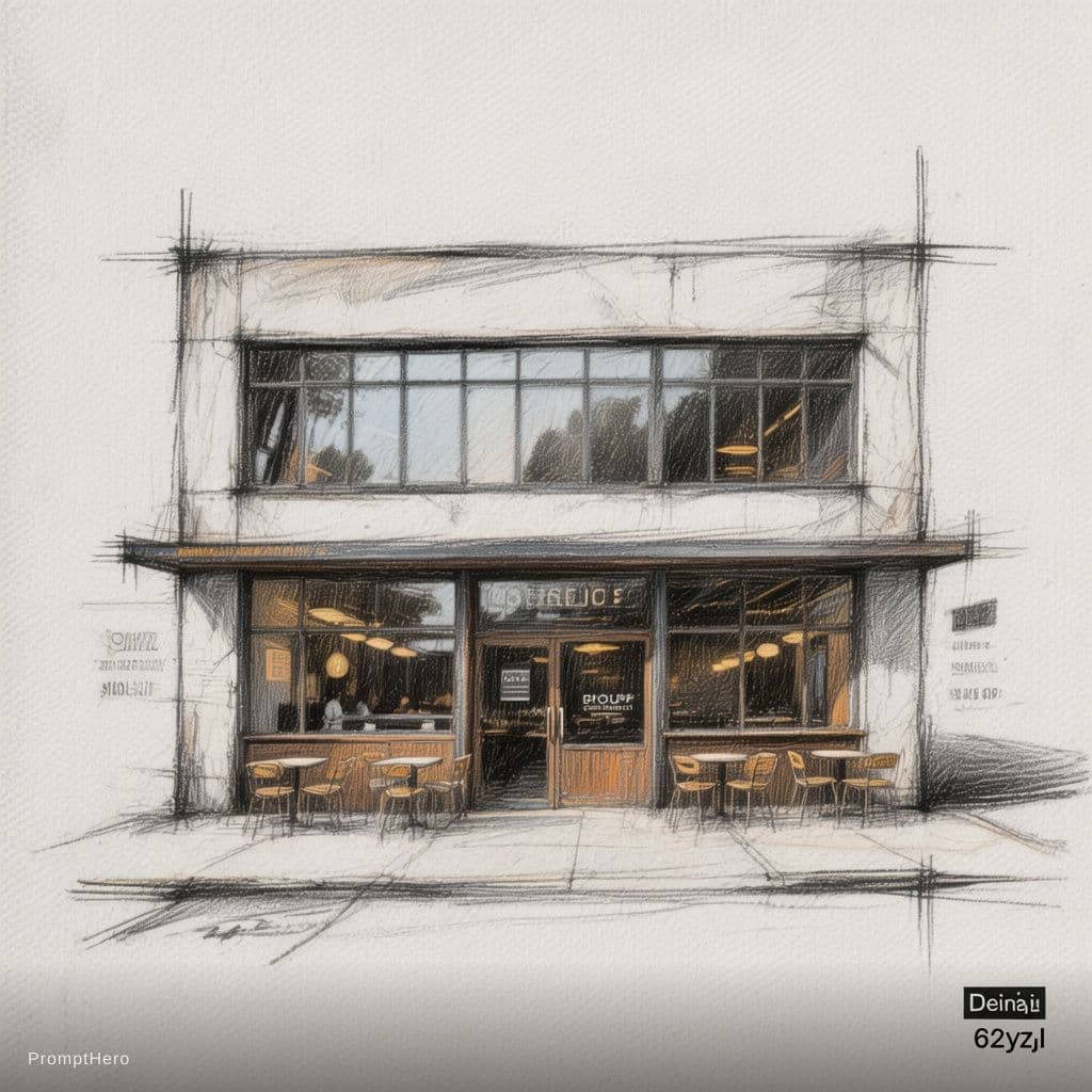 AI generated: architectural sketch, central composition, bauhaus style, two story contemporary cafe facade design,...