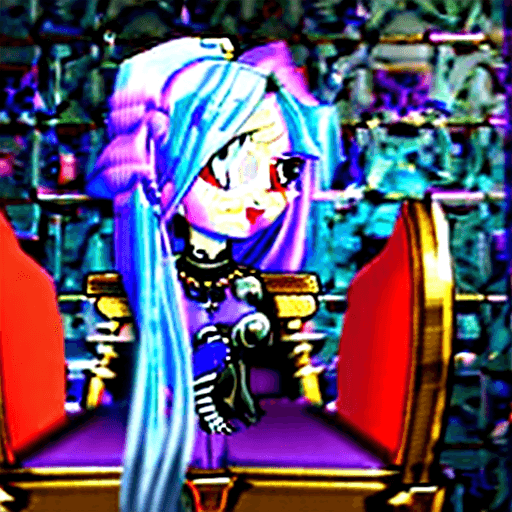AI generated: still photo of a scene with Jinx from Arcane. With blue hair, Sitting on a throne, high quality deta...