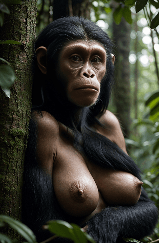 AI generated: a naked woman monkey, in a tree-top house , her all body covered in hair, on-board lighting, studio ...