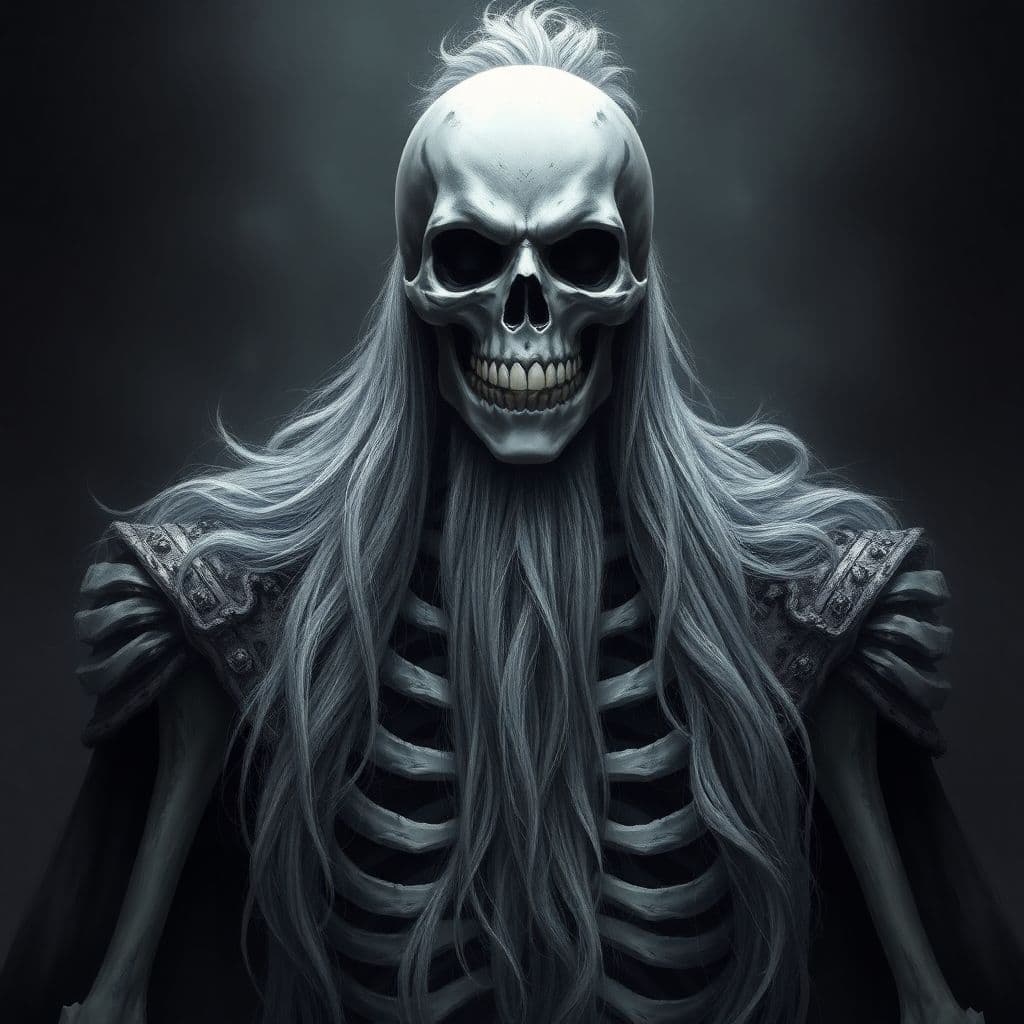 AI generated: art by Greg Rutkowski, digital art, ((full portrait of a skeleton king with a long gray hair)), gray...