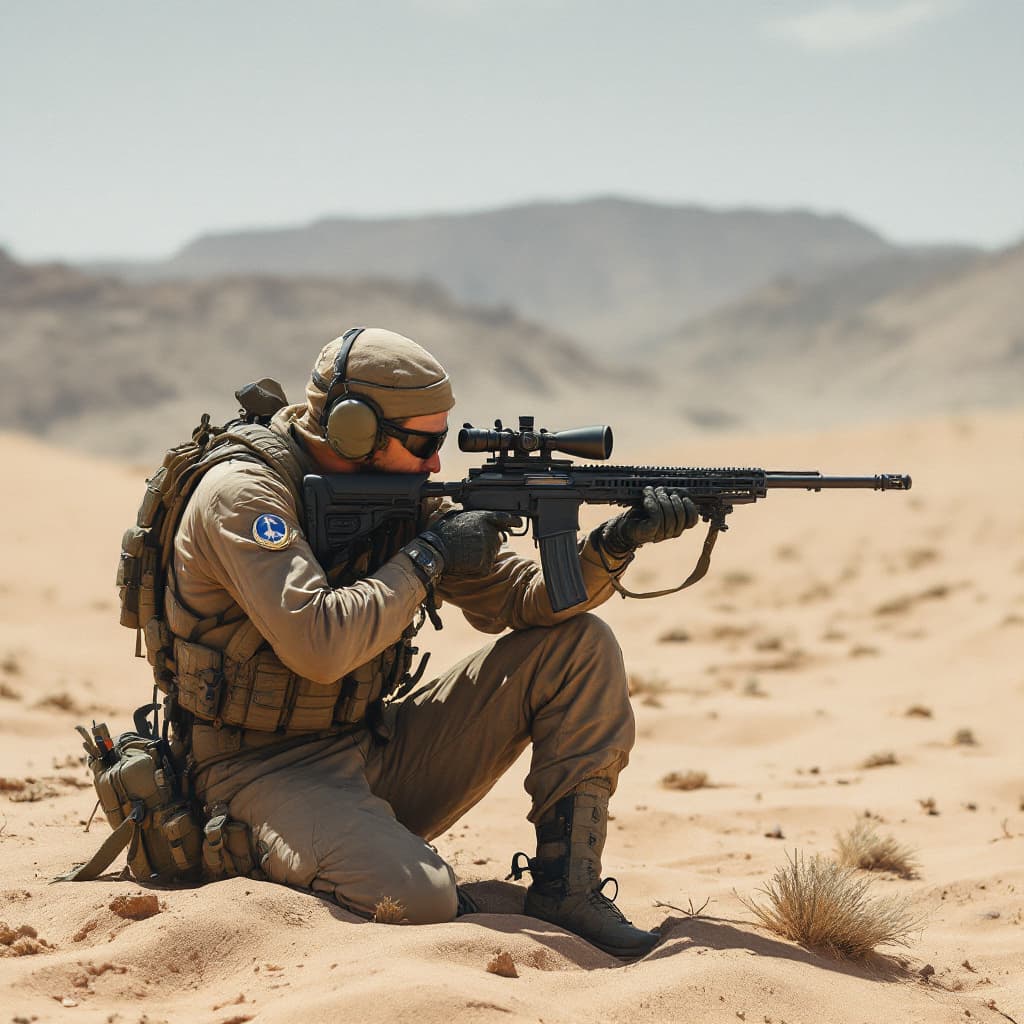 AI generated: A sniper in the desert. 