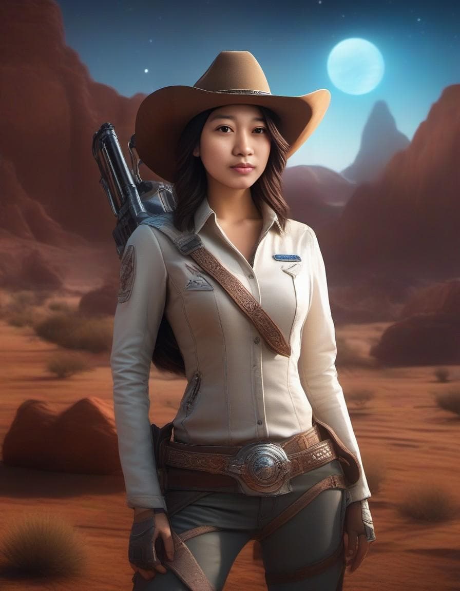 AI generated: ((best quality)), ((masterpiece)), ((realistic)), (detailed), trading card frame, female space cowbo...
